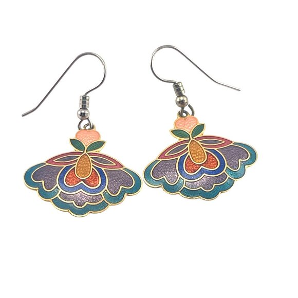 Colorful Cloisonne Floral Fan Earrings With Hook Backings - Picture 1 of 5